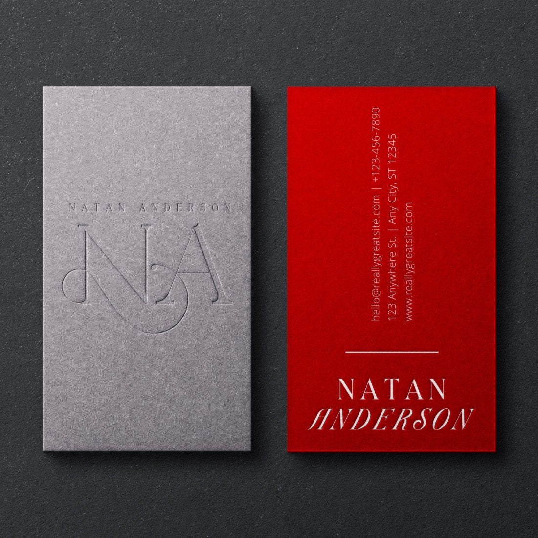 print - Duplex Gray & Red Paper Blind Deboss + White Foil Graphic Designer Business Card - Print Peppermint - custom