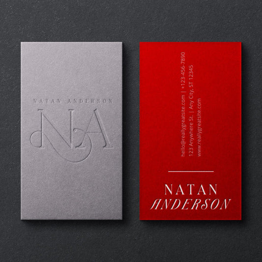 print - Duplex Gray & Red Paper Blind Deboss + White Foil Graphic Designer Business Card - Print Peppermint - custom