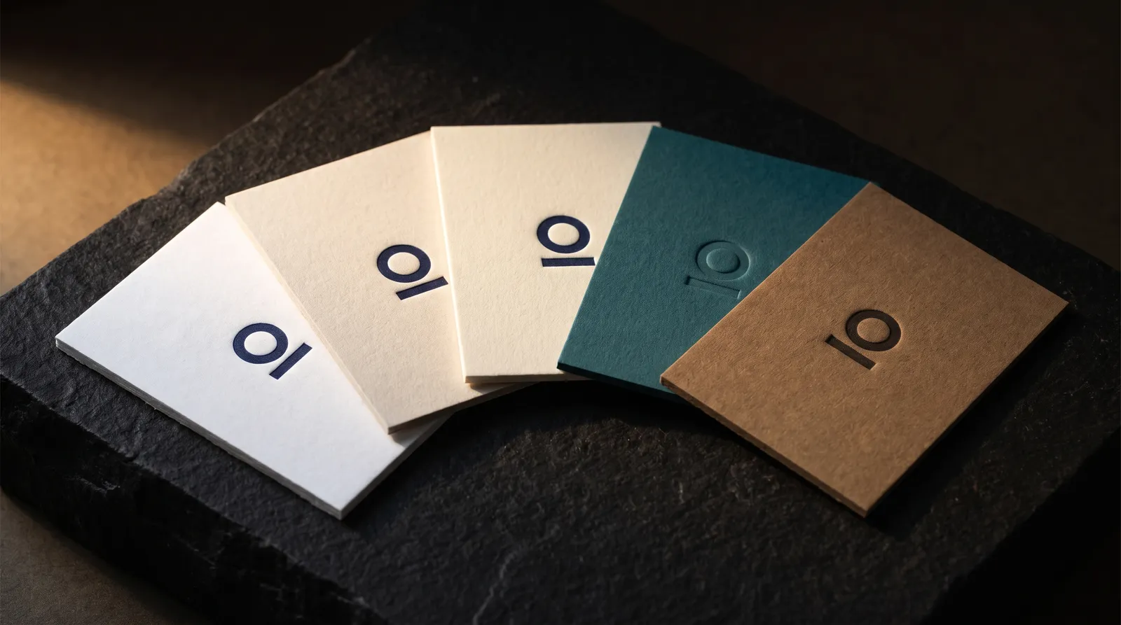 Letterpress paper compared: natural white, bright white and ivory cotton, a through-dyed colored sheet and heavy kraft, each with one pressed letterpress mark