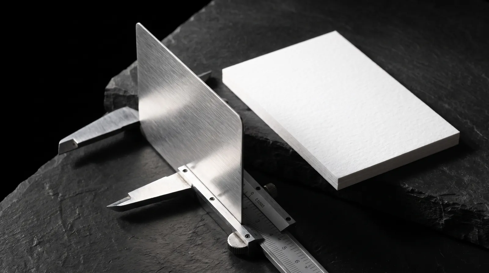 Brushed stainless steel business card measured in vernier calipers beside a thick white cotton paper card