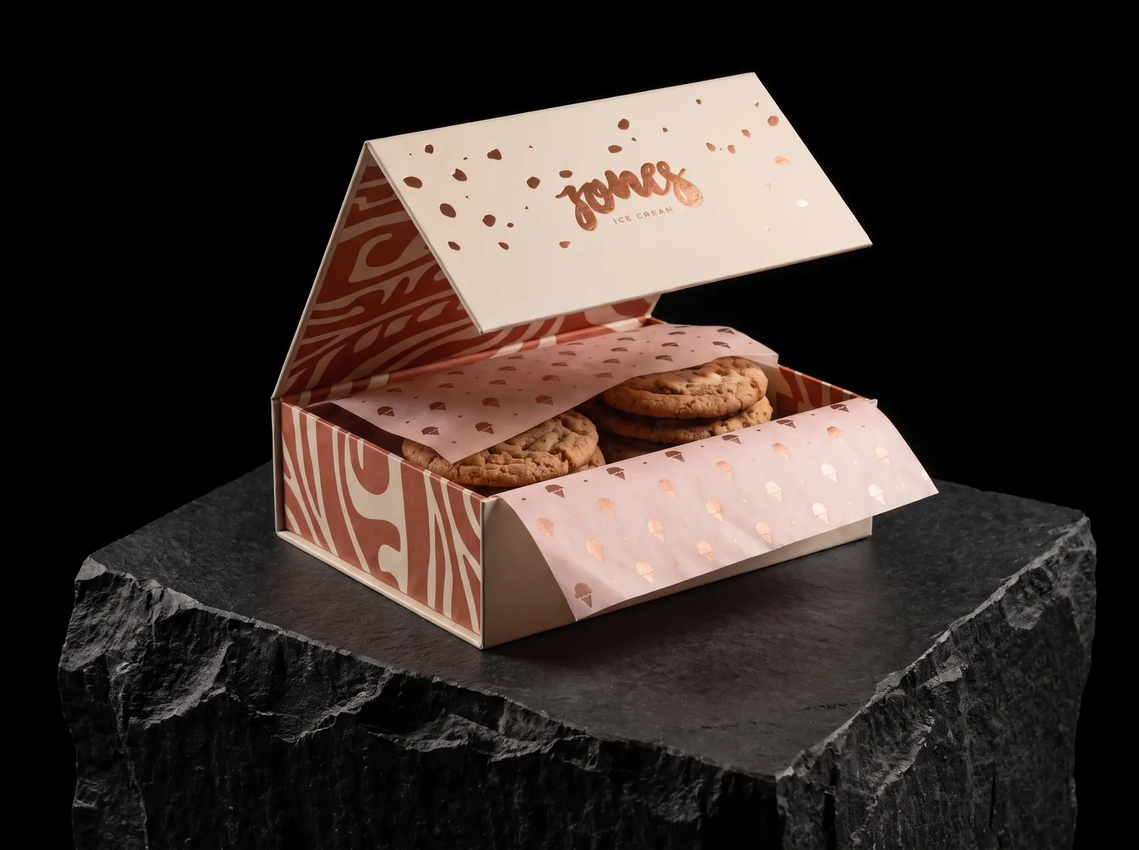Magnetic-closure rigid box with copper foil lid, printed wood-grain interior and foil-printed tissue on a slate plinth