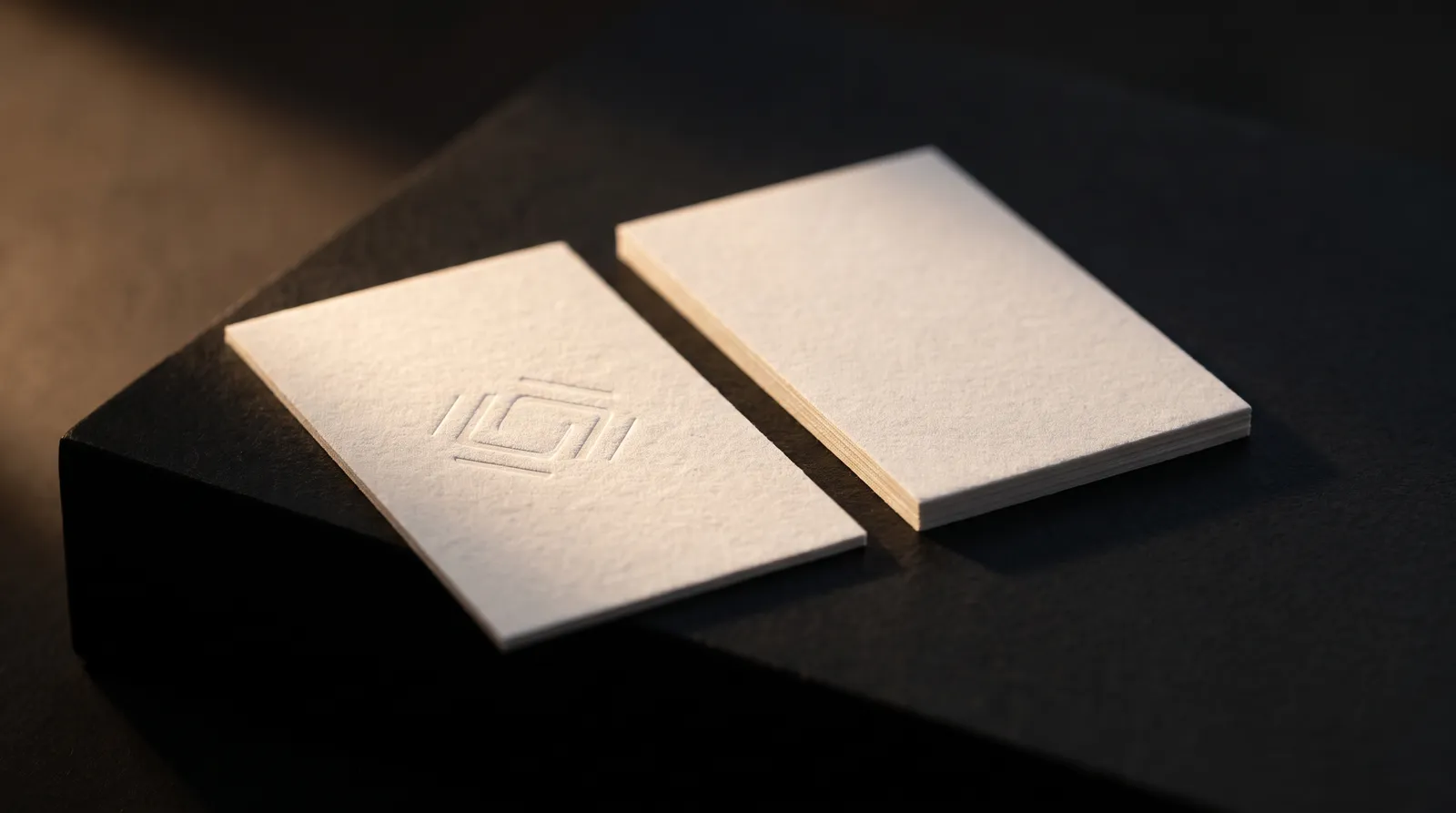 Back of a single-sheet letterpress card showing a faint mirror of the front impression, next to the clean back of a duplex card
