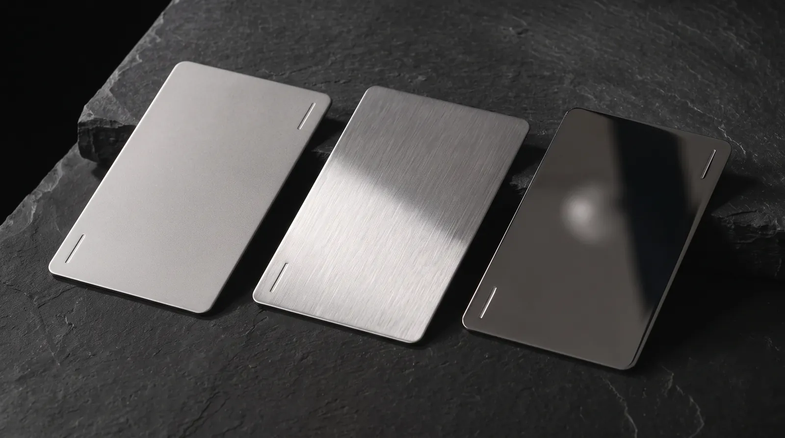Matte, brushed and mirror stainless steel business cards side by side under the same light