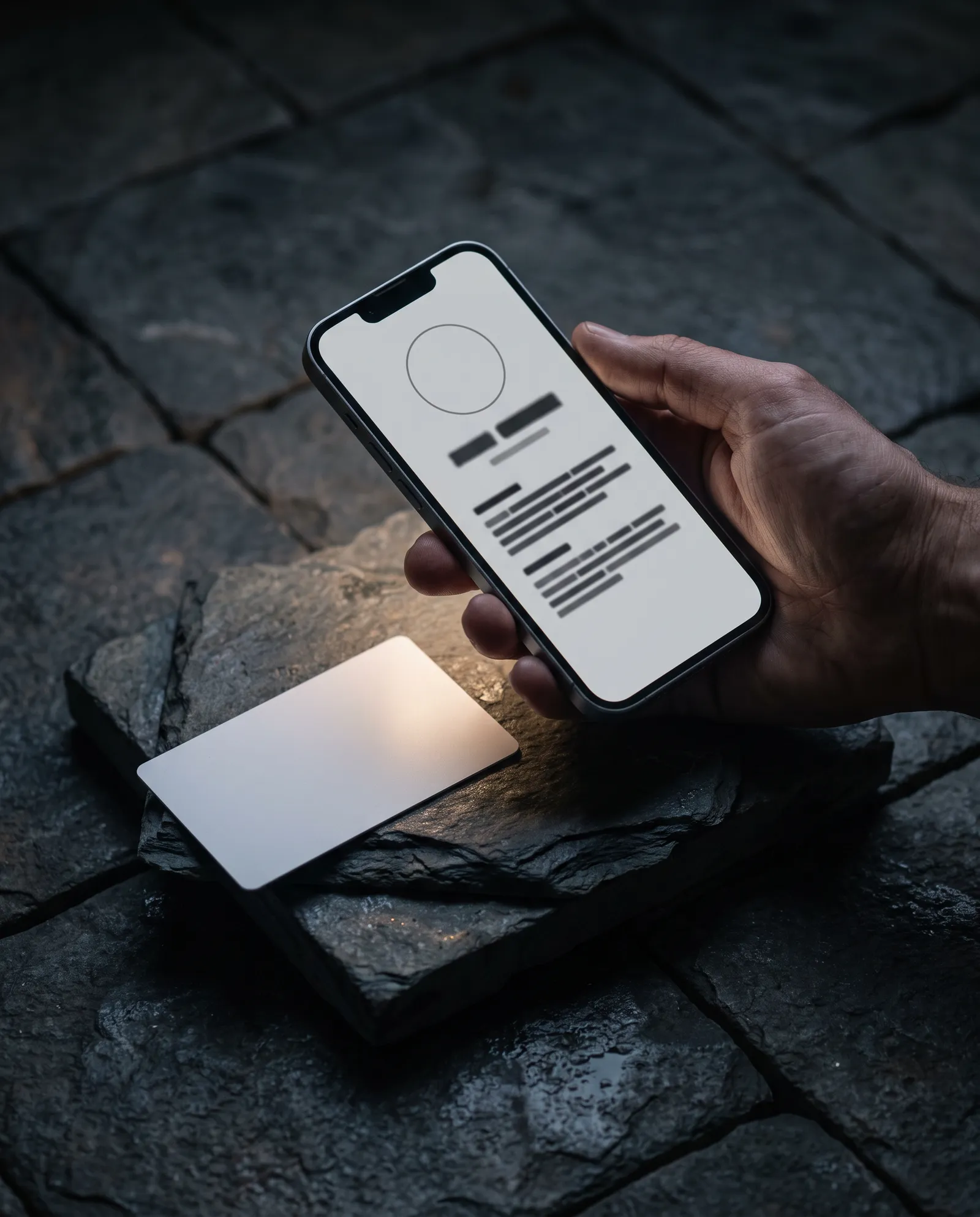 Phone held over a white PVC NFC business card, the screen showing a simple profile page.