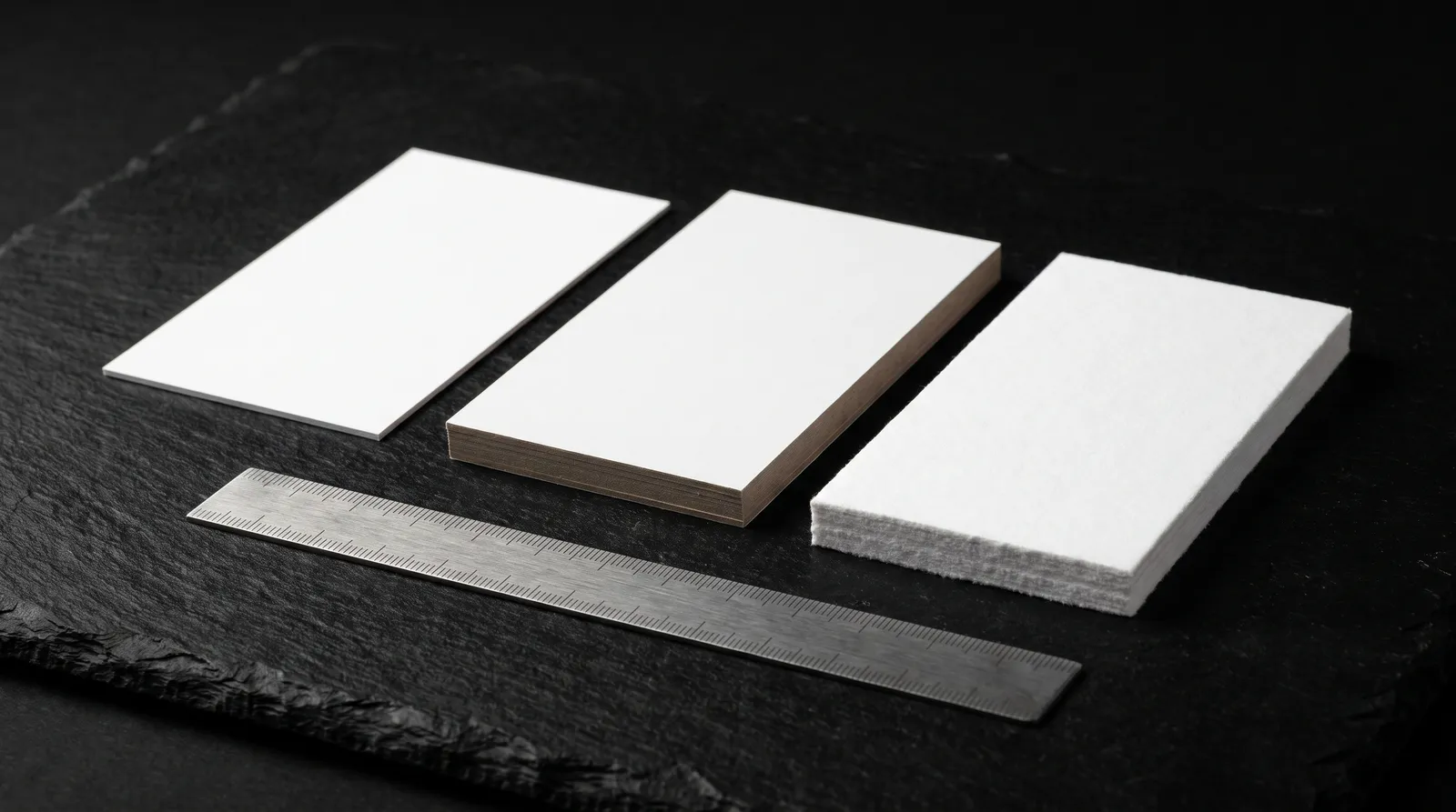 Business card thickness compared: thin, 32pt and 48pt cotton cards stacked edge-on beside a steel ruler