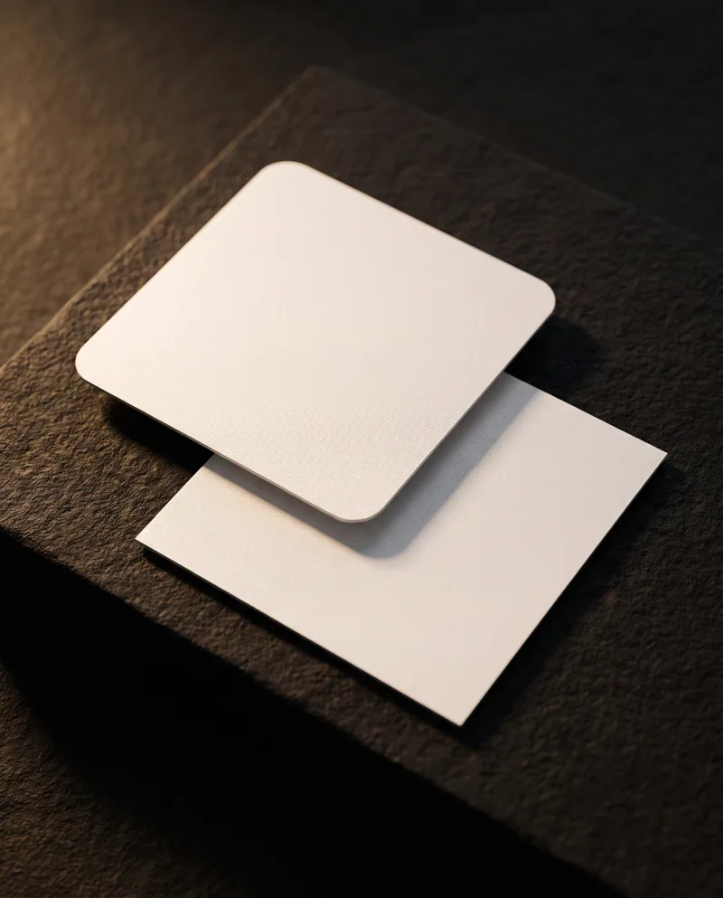 Two white square business cards on black stone, one rounded corners, one square corners