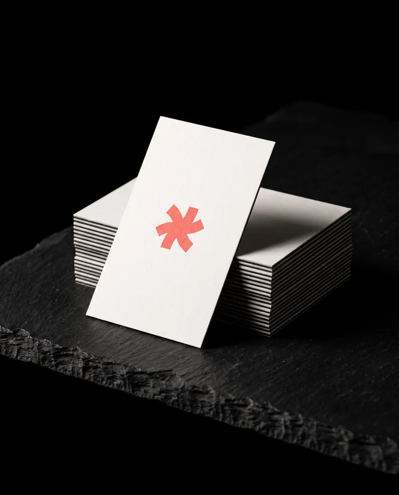 Edge of a stack of triplex business cards showing a black core between two white layers