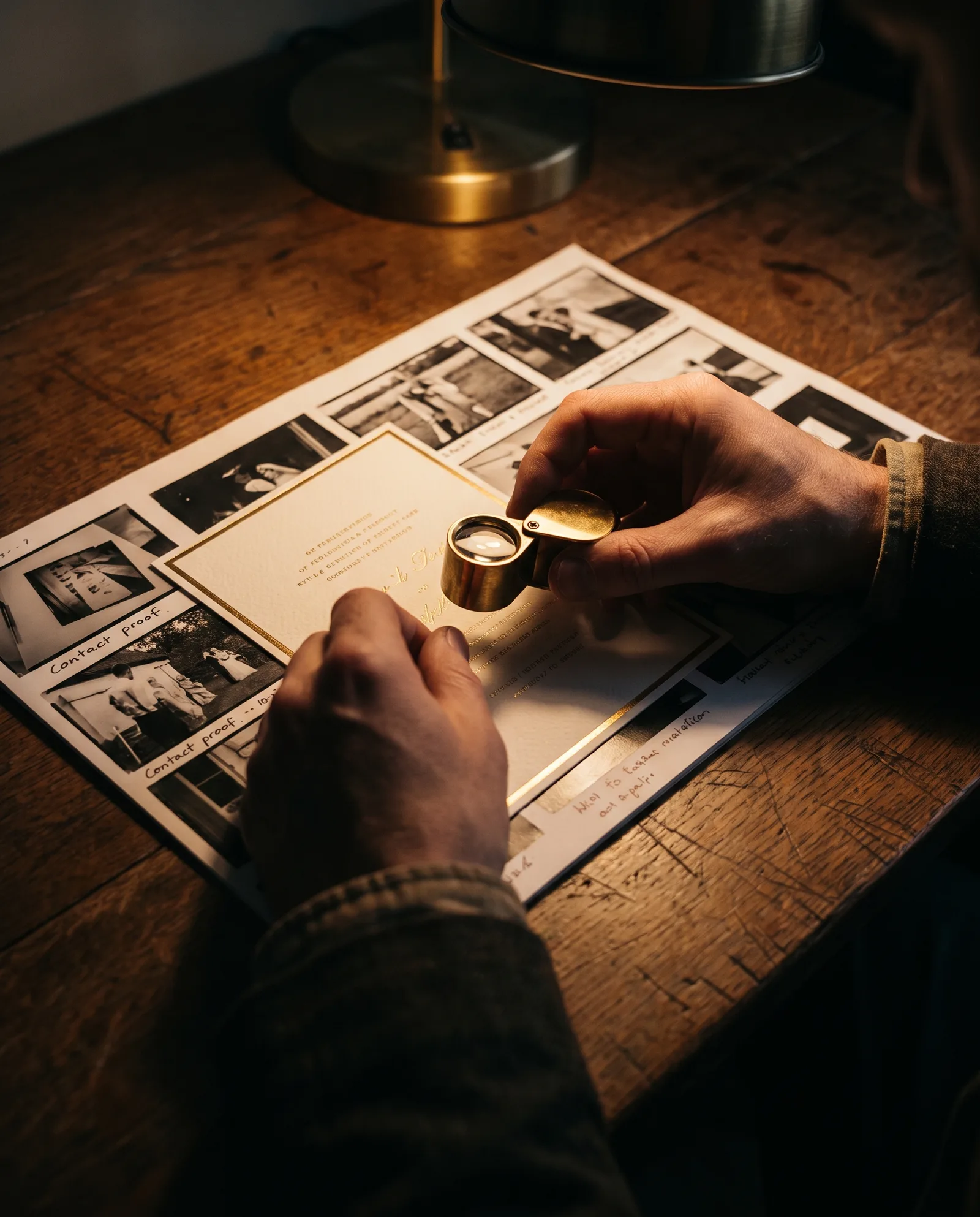 A designer checking a printed proof with a loupe