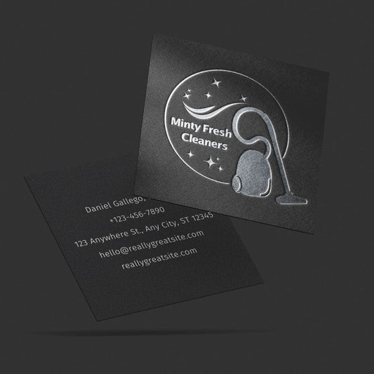 Druck – Reinigungsvisitenkarten aus schwarzem Papier mit Silberfolienprägung – Print Peppermint - Brauch